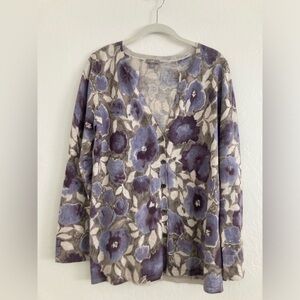 J. Jill Silk Cashmere Blend Floral Print Button Down Cardigan Small Quiet Luxury